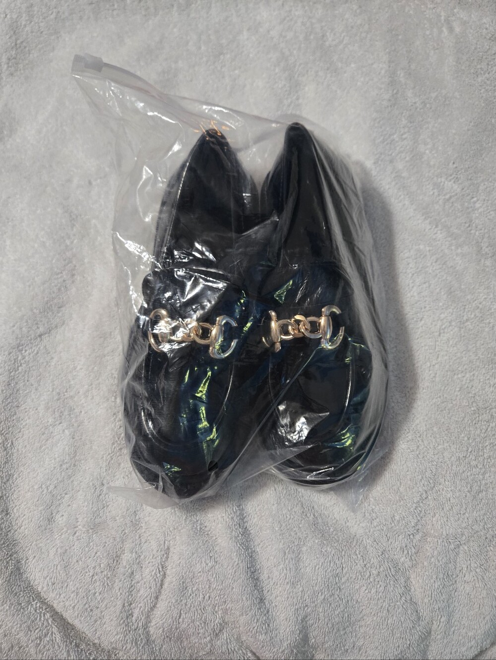 Women's Black Loafers with Gold Chain Accent